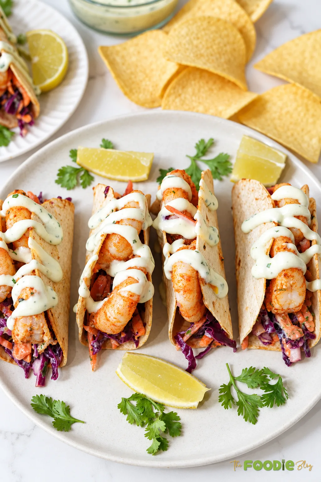 Overhead view of shrimp tacos with red cabbage slaw, creamy avocado sauce, cilantro, and lemon wedges.