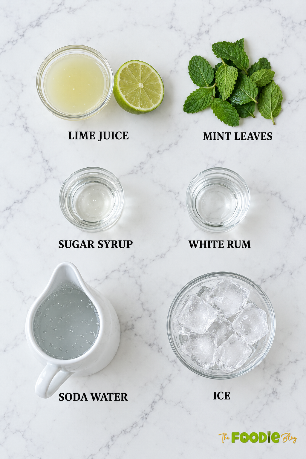 Mojito ingredients including lime juice, mint leaves, sugar syrup, white rum, soda water, and ice.