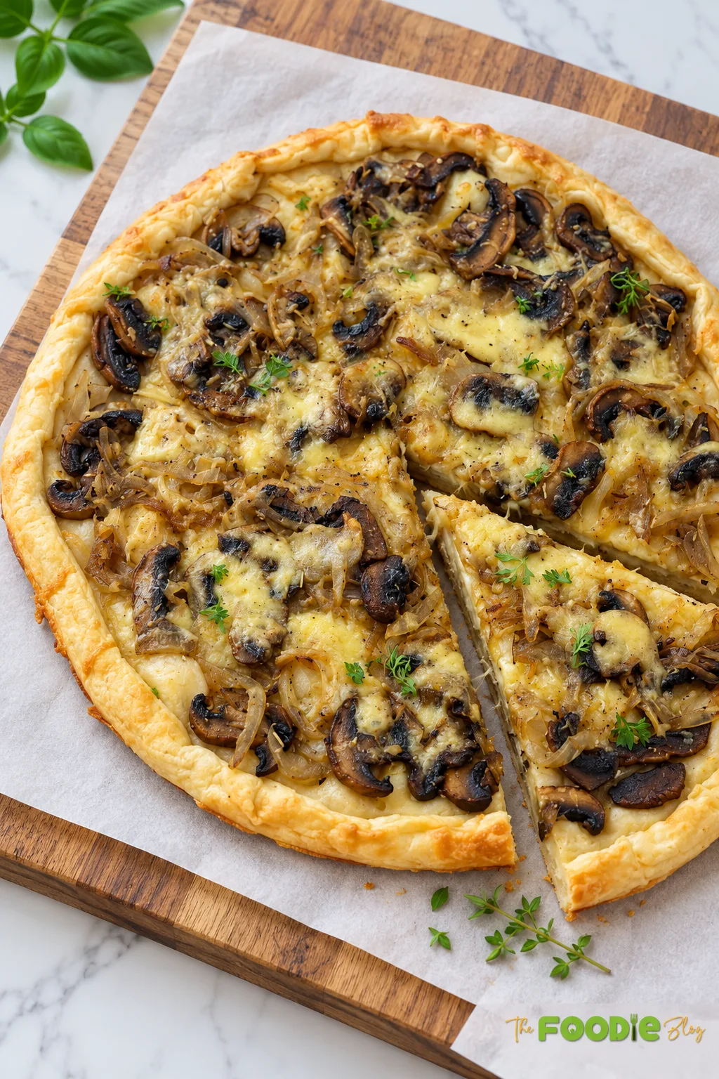 Savory mushroom tart with Gruyere cheese and caramelized onions on golden puff pastry.