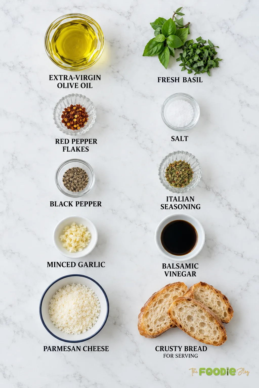 Olive oil bread dip ingredients including olive oil, balsamic vinegar, garlic, basil, Parmesan, herbs, and crusty bread.