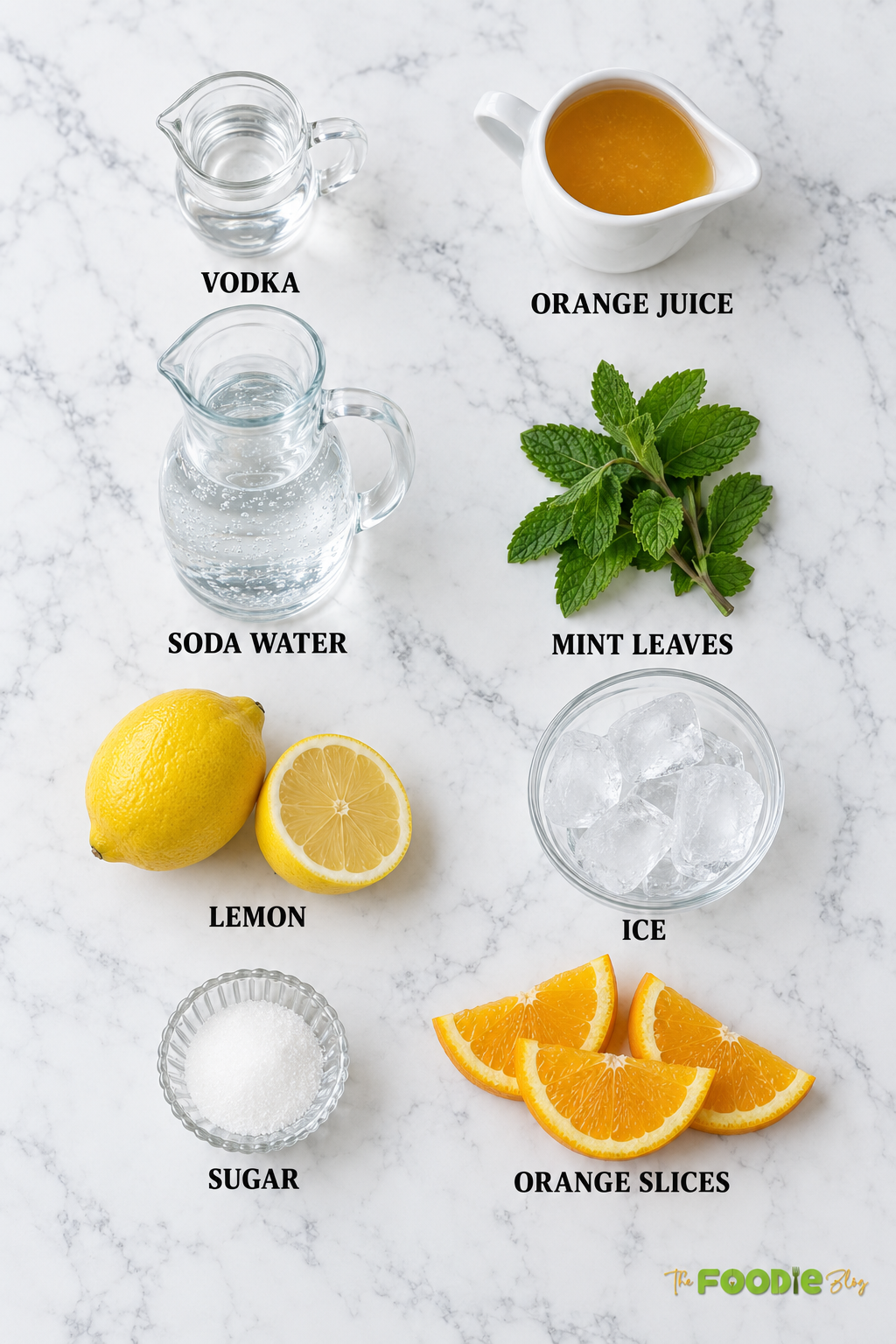 Orange mojito ingredients including vodka, orange juice, soda water, mint, lemon, sugar, ice, and orange slices.