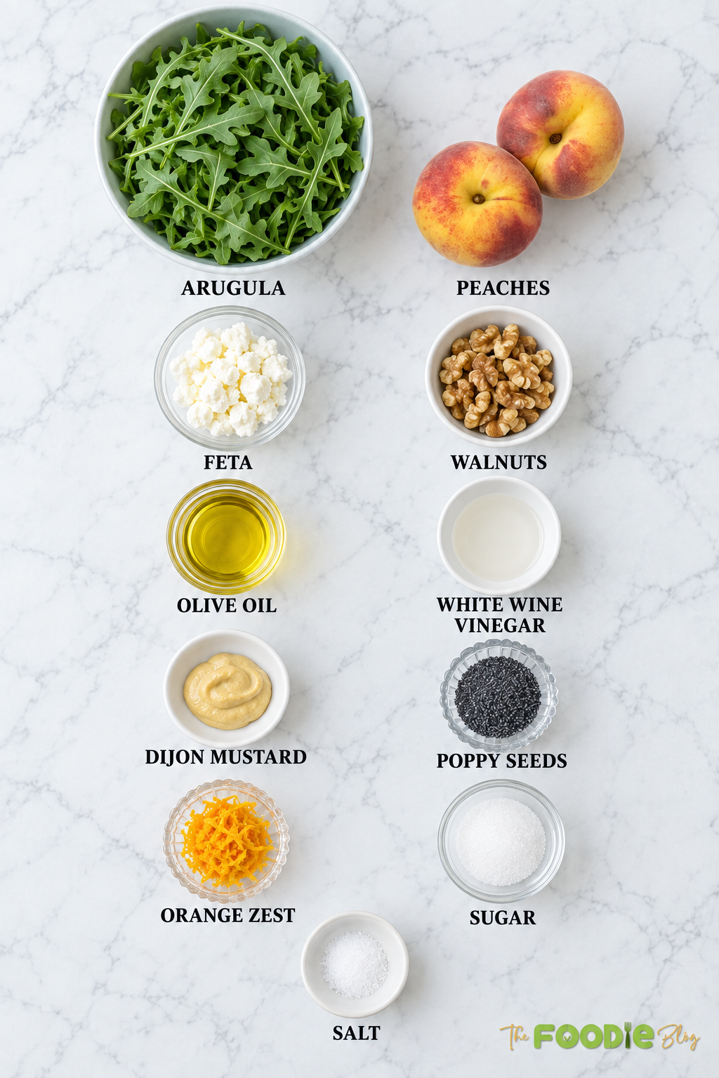 Ingredients for peach arugula salad including peaches, arugula, feta, walnuts, olive oil, white wine vinegar, Dijon mustard, poppy seeds, orange zest, sugar, and salt.