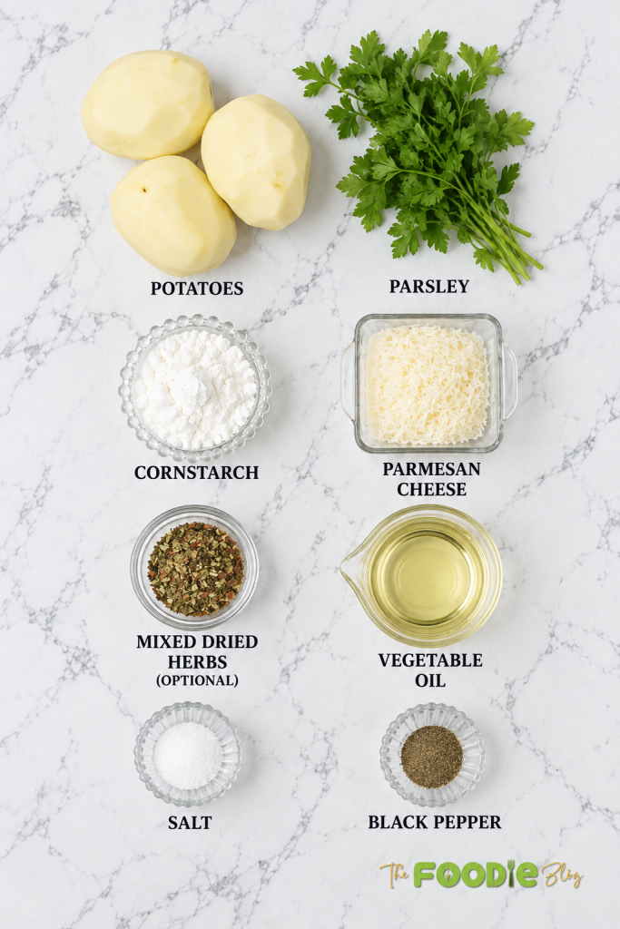 Ingredients for crispy potato balls including potatoes, parsley, cornstarch, Parmesan cheese, dried herbs, vegetable oil, salt, and black pepper.