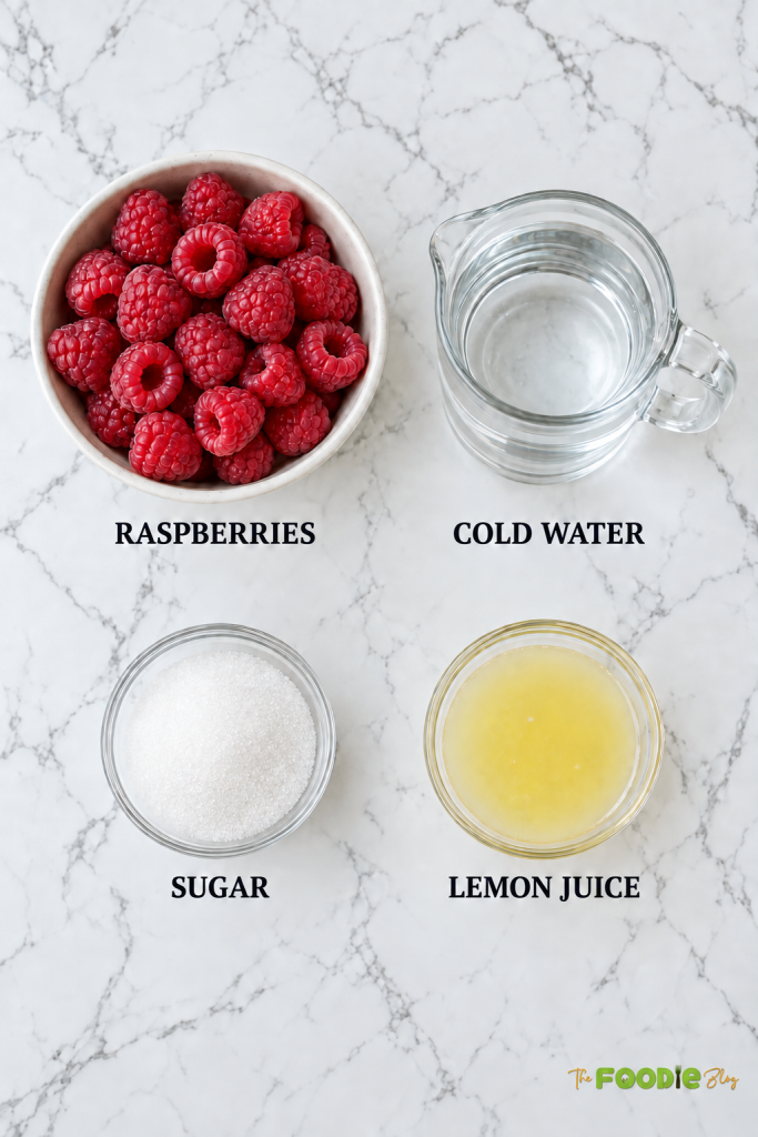 Ingredients for homemade raspberry juice including fresh raspberries, cold water, sugar, and lemon juice.