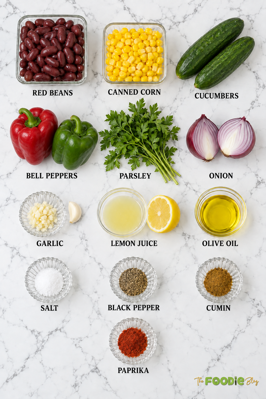 Red bean salad ingredients including kidney beans, corn, cucumber, bell peppers, parsley, onion, garlic, lemon juice, olive oil, and spices.