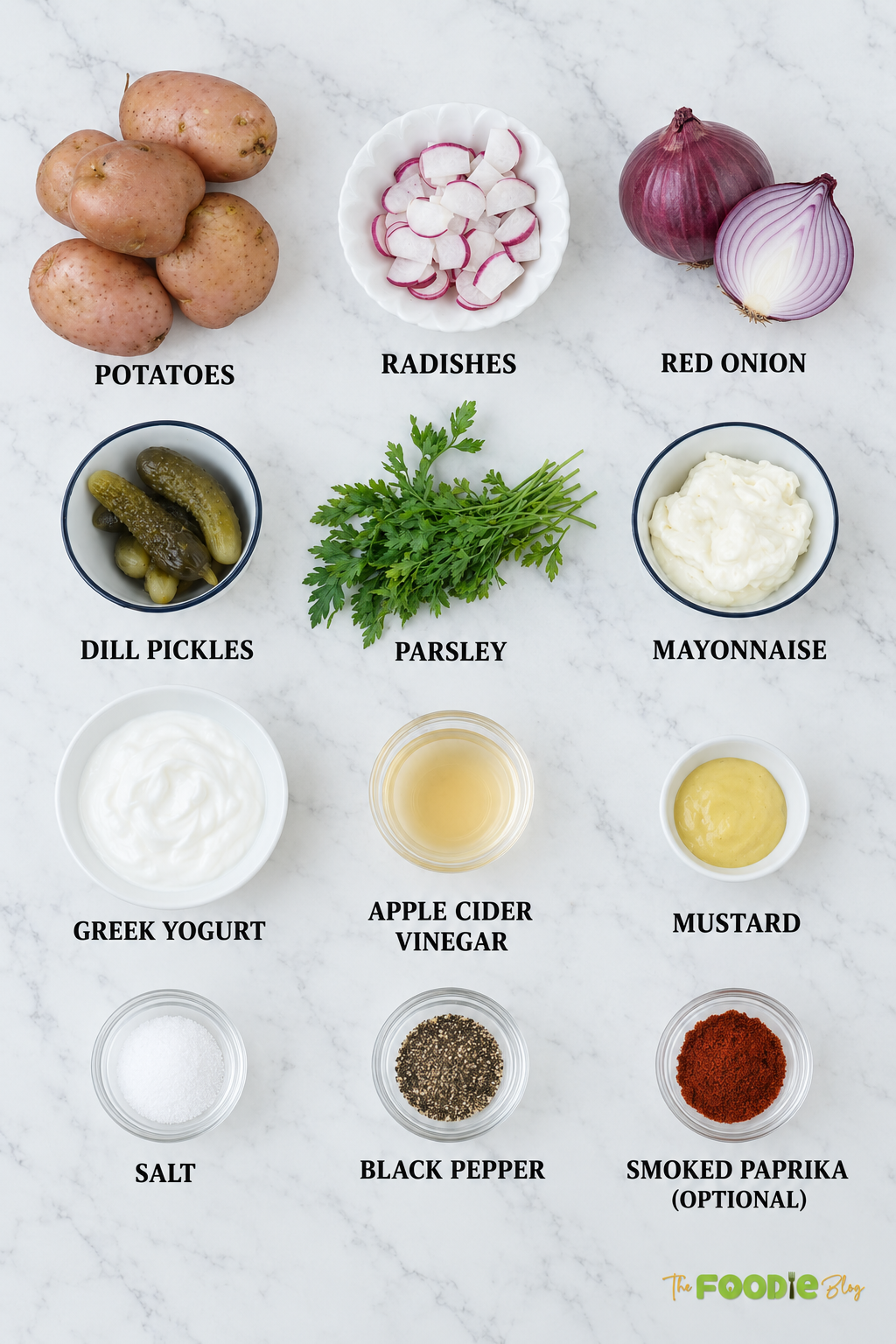 Ingredients for red potato salad including potatoes, radishes, red onion, pickles, parsley, mayonnaise, Greek yogurt, mustard, and seasonings.
