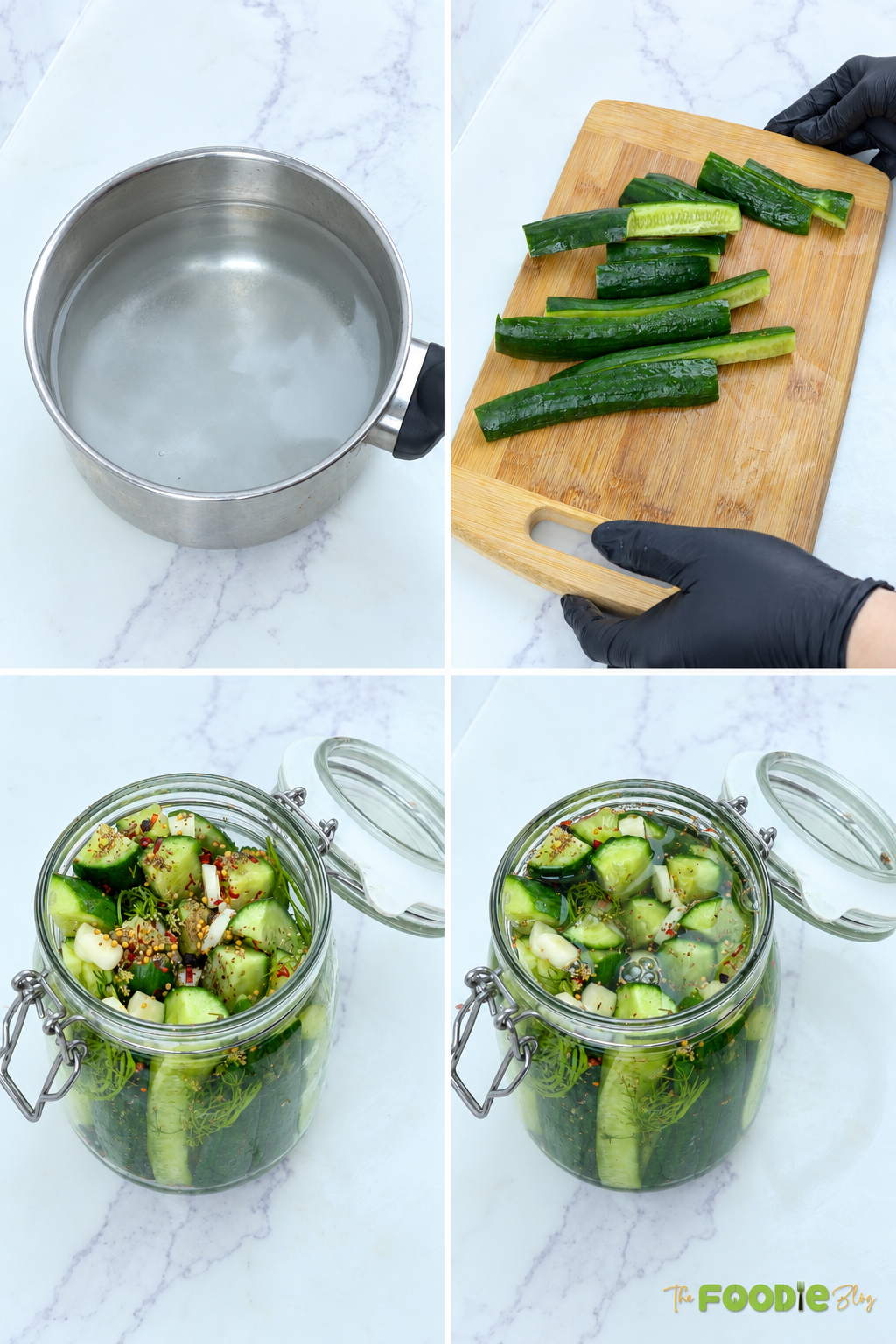 Step-by-step process for making refrigerator dill pickles with cucumbers, spices, garlic, dill, and vinegar brine.