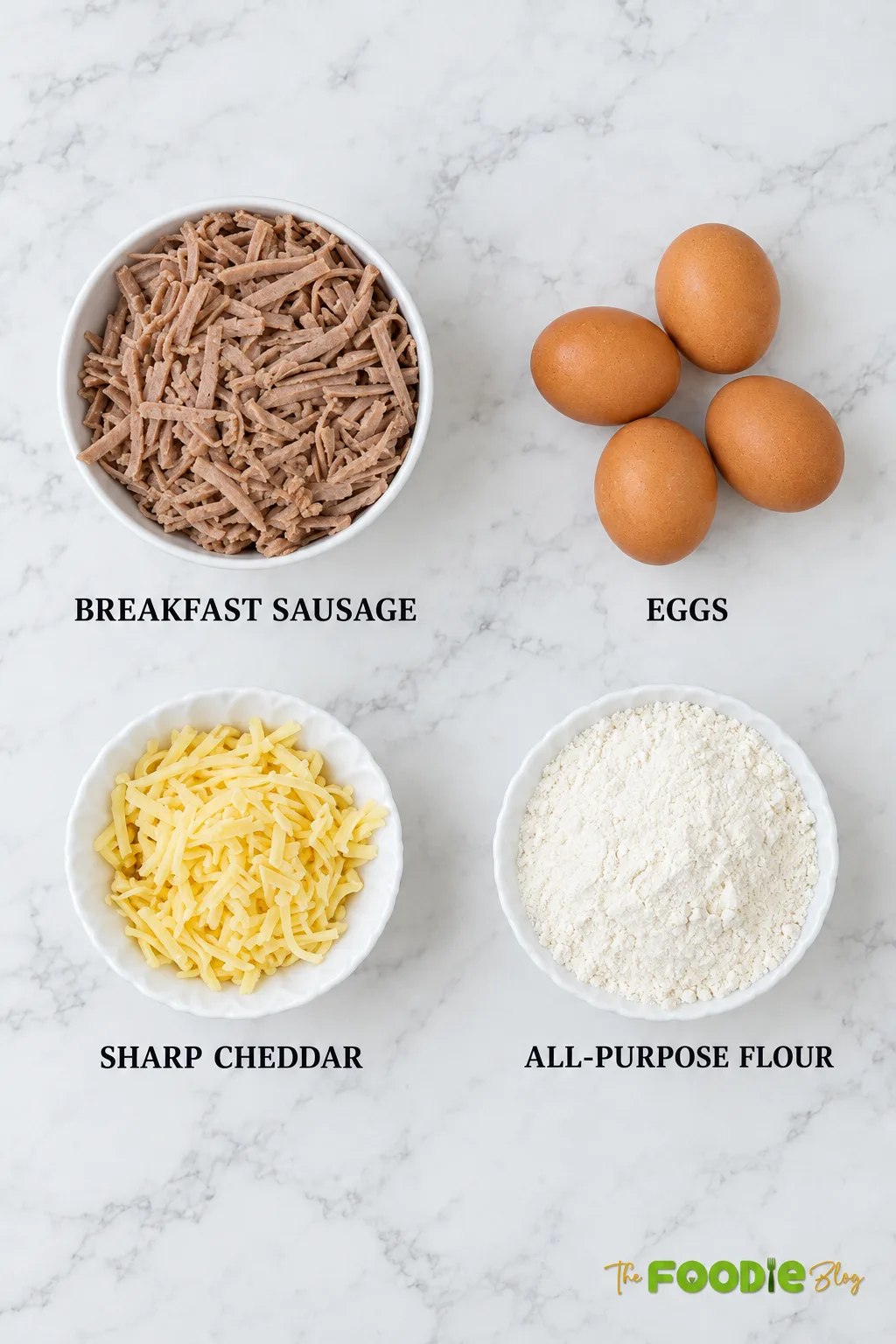 Ingredients for breakfast sausage muffins including sausage, eggs, sharp cheddar cheese, and all-purpose flour.