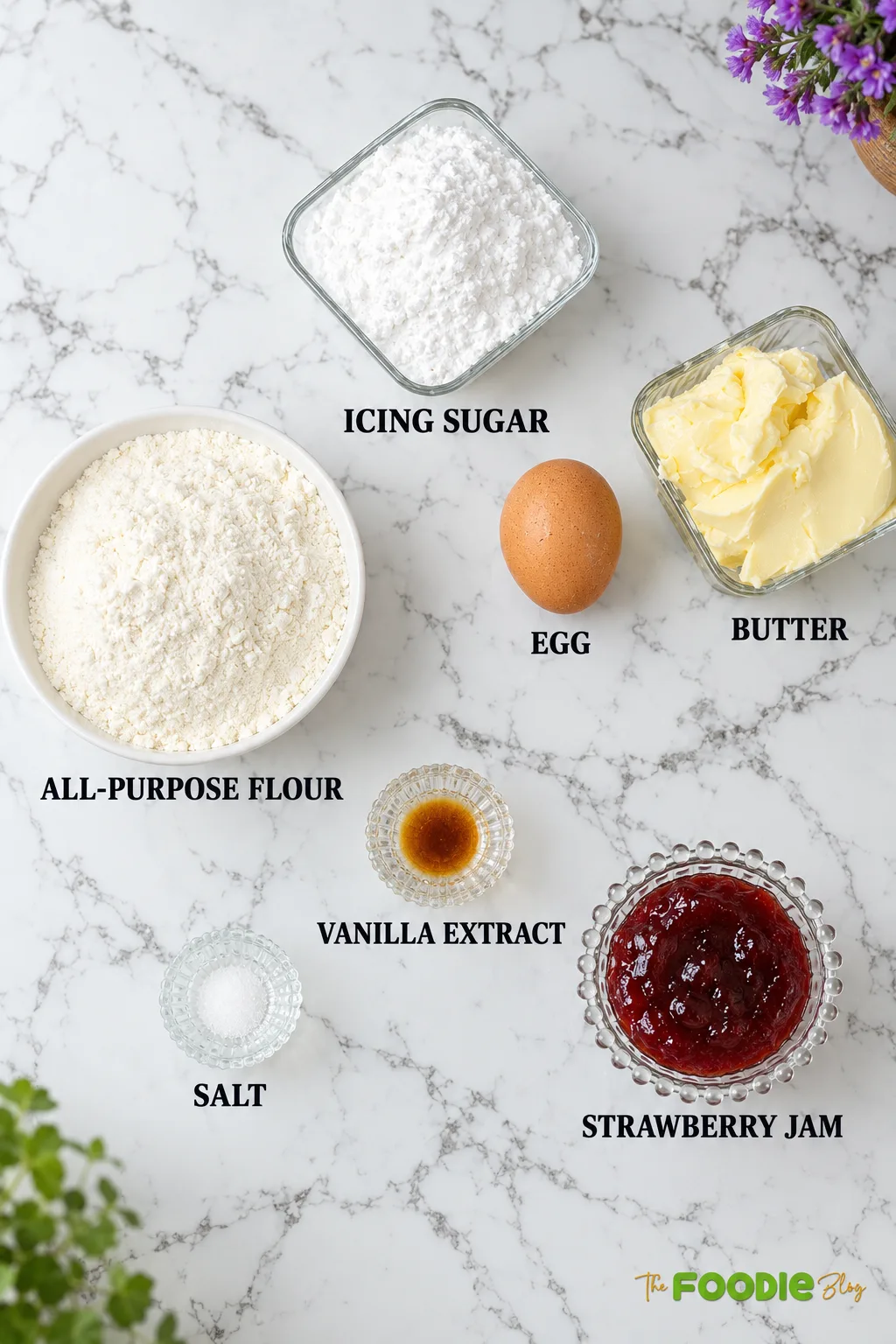 Ingredients for shortbread cookies with strawberry jam including flour, butter, icing sugar, egg, vanilla, salt, and strawberry jam.