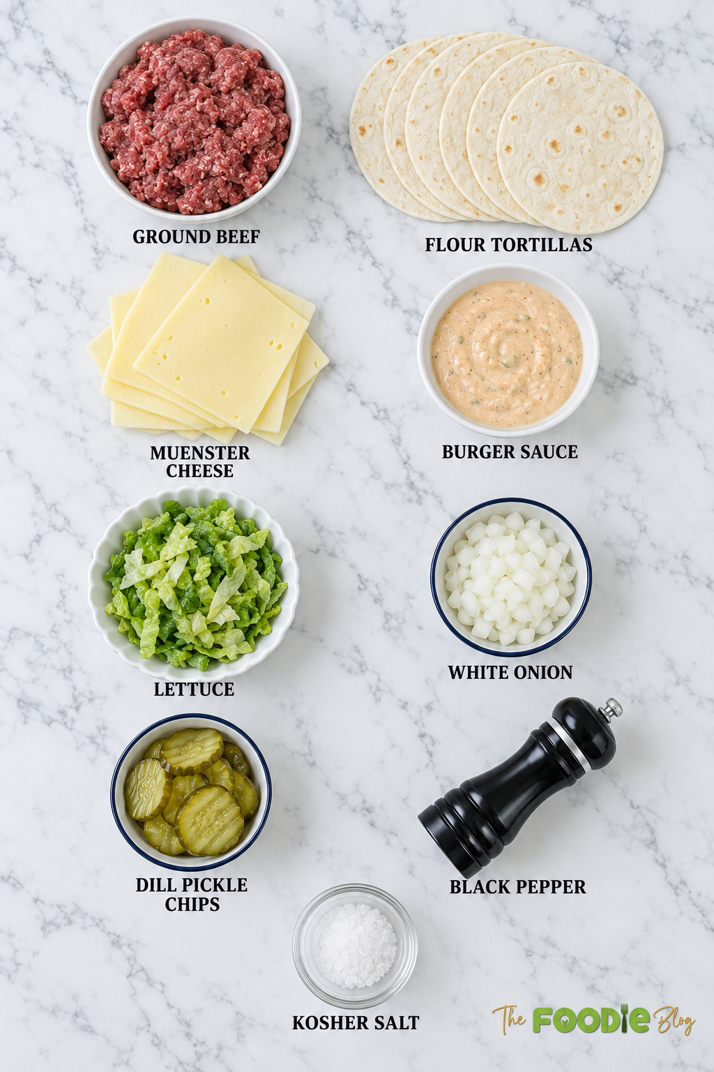 Ingredients for smash burger tacos including ground beef, flour tortillas, Muenster cheese, burger sauce, lettuce, onion, dill pickles, salt, and black pepper.