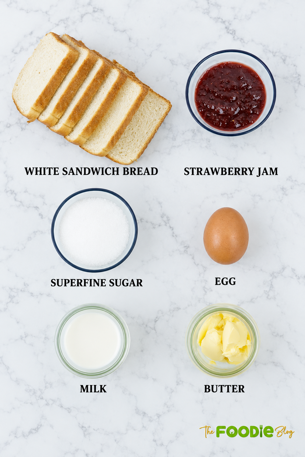 Ingredients for strawberry French toast including white bread, strawberry jam, sugar, egg, milk, and butter.