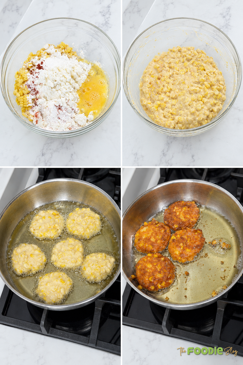 Step-by-step photos showing sweet corn fritter batter being mixed and fried in oil until golden brown.