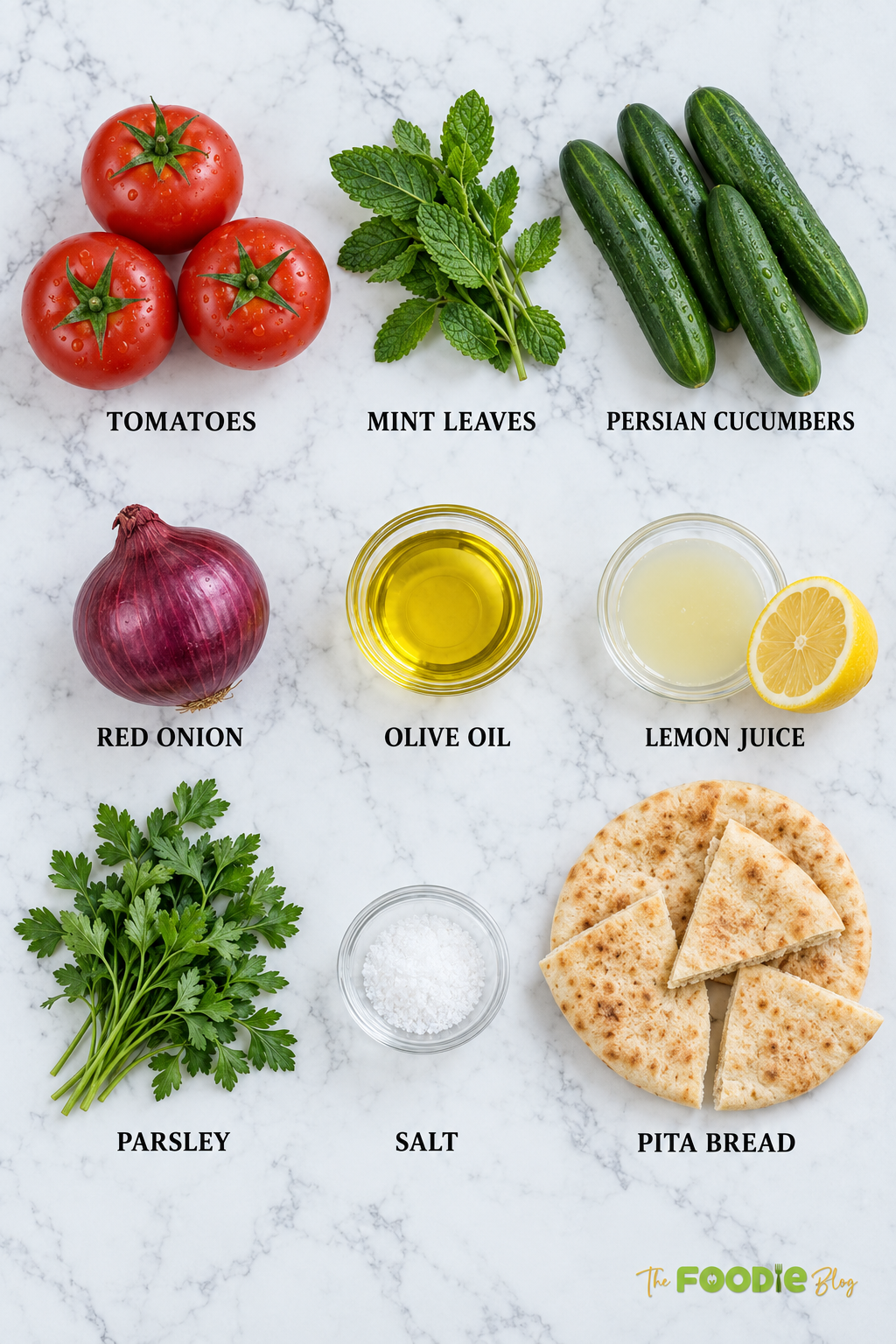 Tomato cucumber salad ingredients including tomatoes, Persian cucumbers, red onion, mint, parsley, olive oil, lemon juice, salt, and pita bread.
