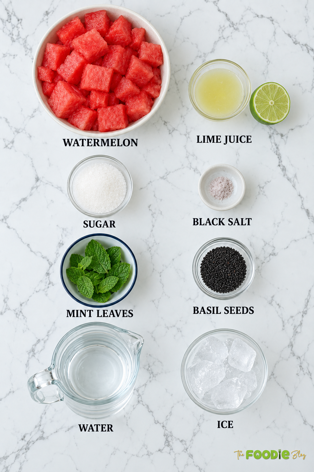 Watermelon lemonade ingredients including watermelon, lime juice, sugar, black salt, mint, basil seeds, water, and ice.