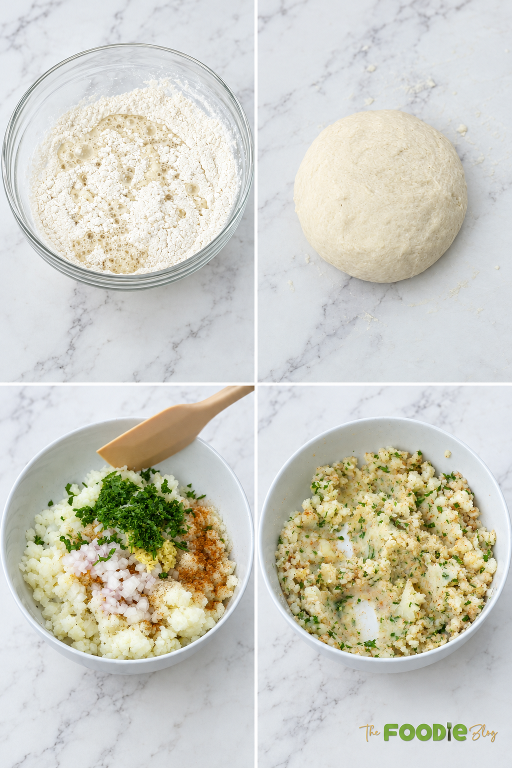 Four-step collage showing flour and water mixed into dough and mashed potatoes combined with herbs, shallots, and Indian spices.
