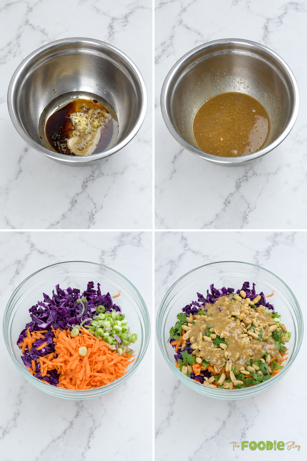 Step-by-step preparation of Asian slaw dressing and cabbage mixture with carrots and peanuts.