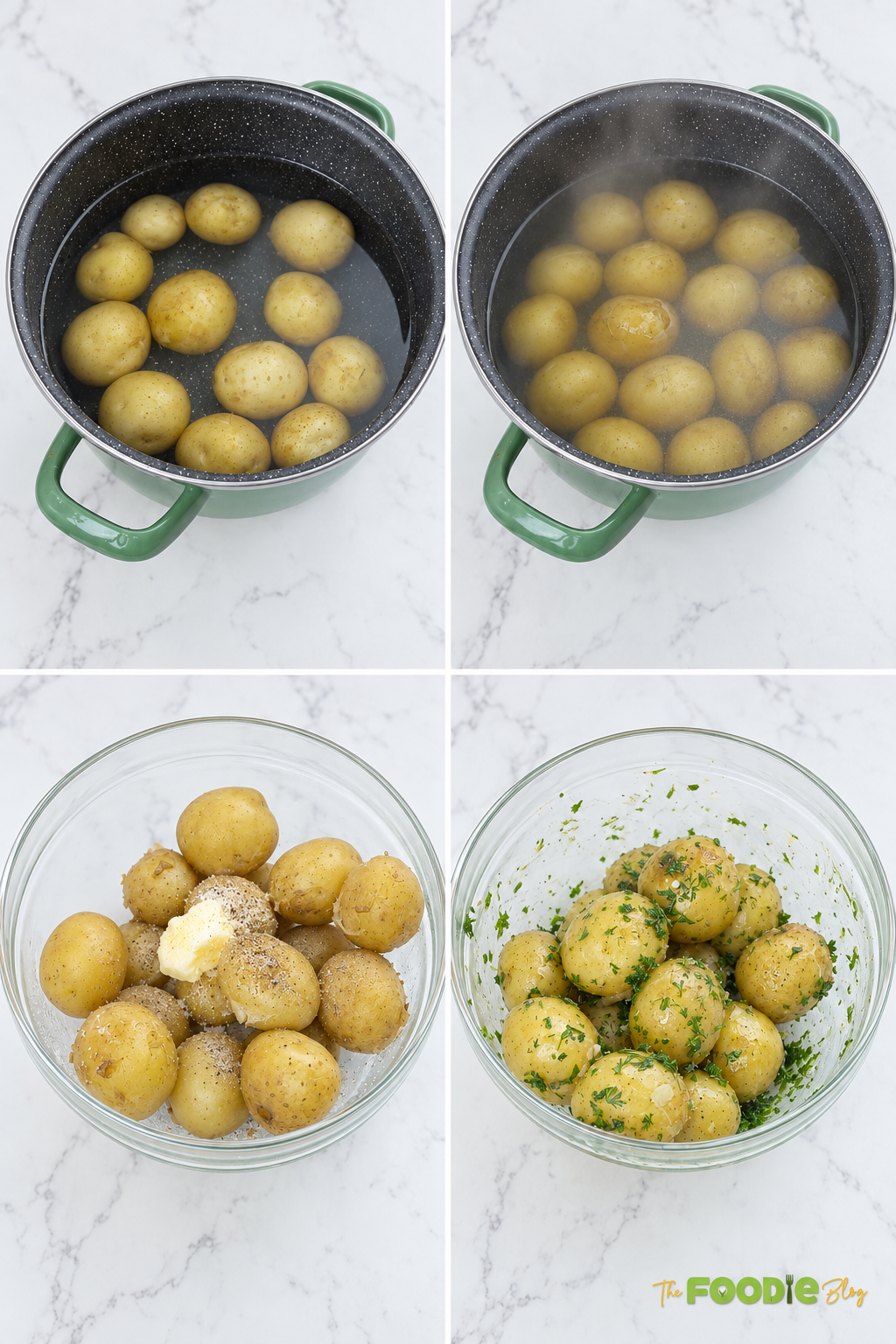 Step-by-step photos showing baby potatoes boiled until tender then tossed with butter, dill, parsley, chives, salt, and pepper.