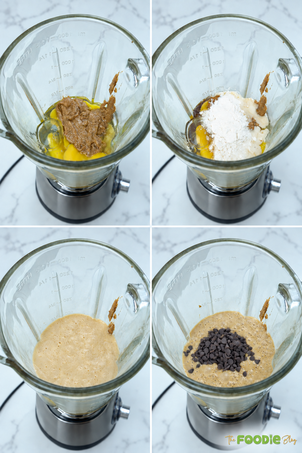 Banana protein muffin ingredients blended together in a blender before adding chocolate chips.