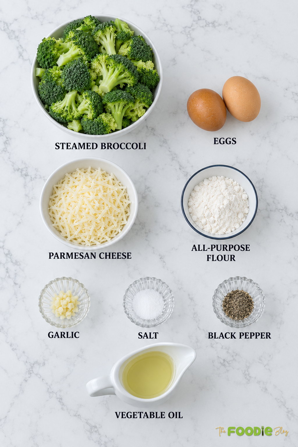 Ingredients for broccoli fritters including broccoli, eggs, Parmesan, flour, garlic, salt, pepper, and oil.