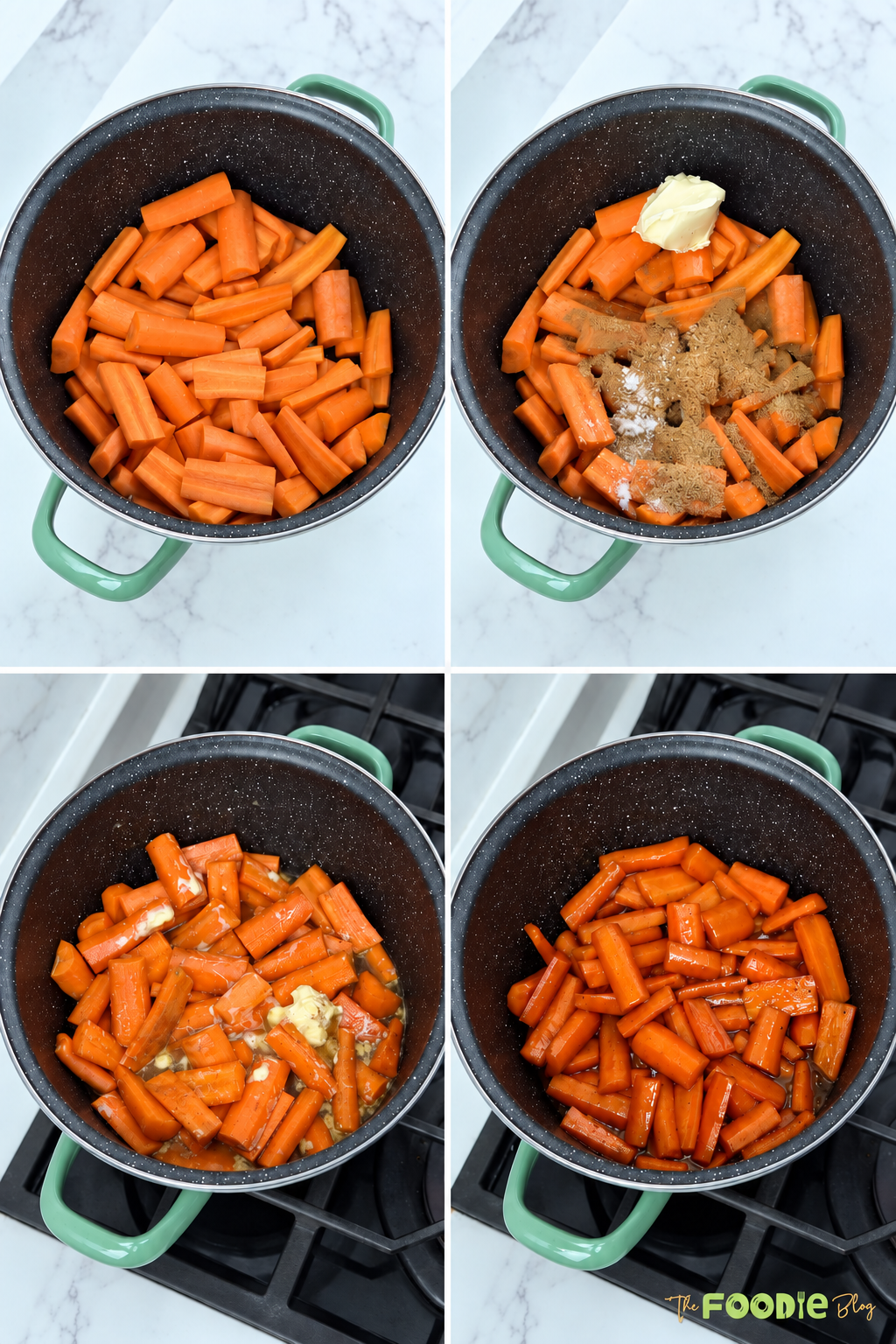 Step-by-step photos showing carrots cooked with butter, brown sugar, cinnamon, salt, and water until glazed.