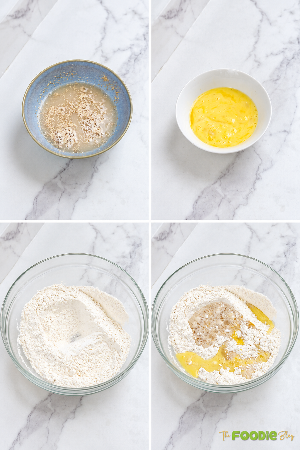 Step-by-step photos showing yeast mixture, beaten egg, flour, and wet ingredients being combined to make cheese naan dough.