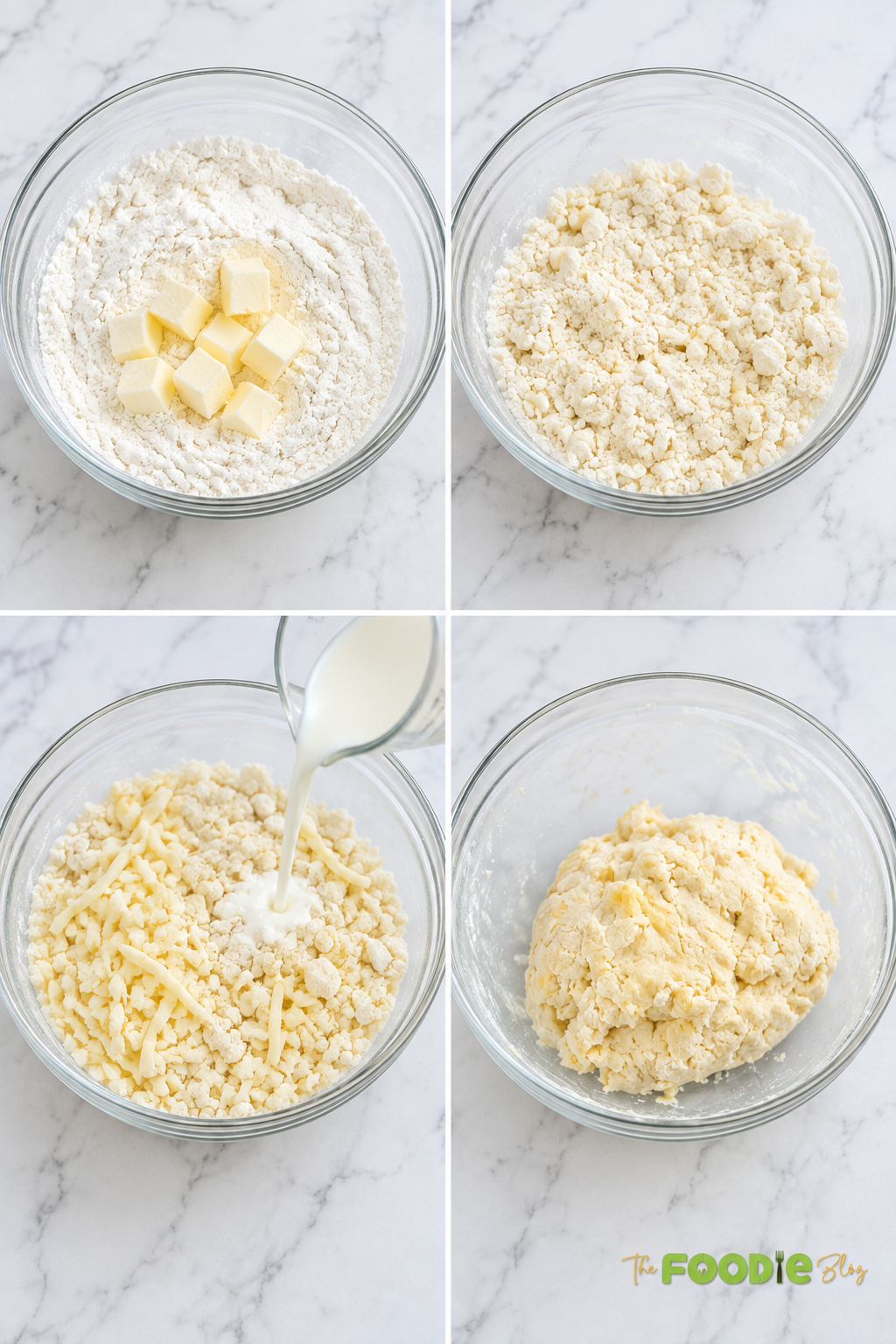 Step-by-step photos showing butter mixed into flour, cheddar added, milk poured in, and cheese scone dough formed.