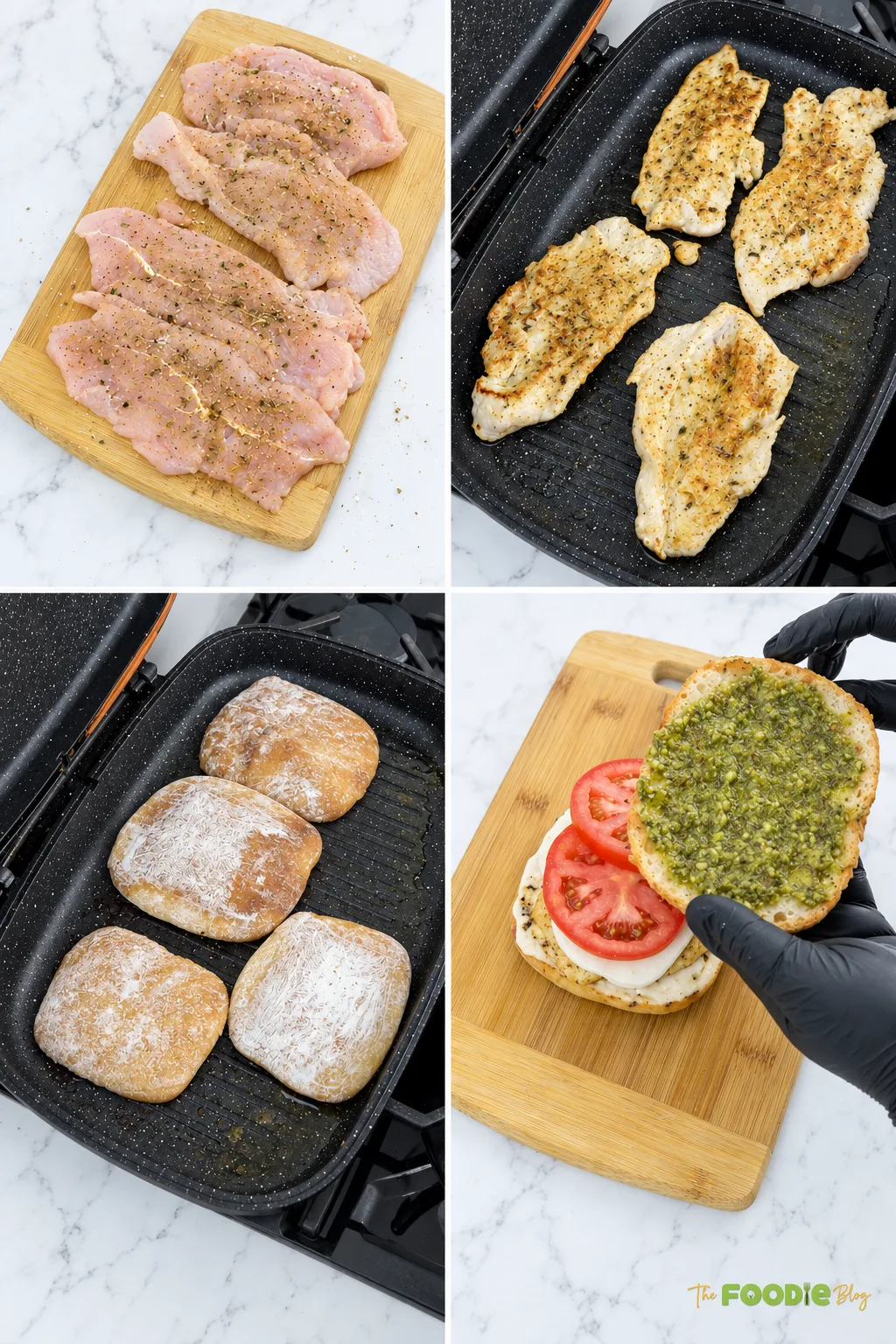 Step by step photos showing how to make a chicken pesto sandwich