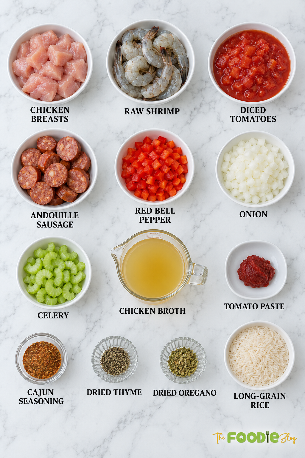 Chicken and shrimp jambalaya ingredients including chicken, shrimp, andouille sausage, tomatoes, rice, vegetables, broth, and Cajun seasoning.