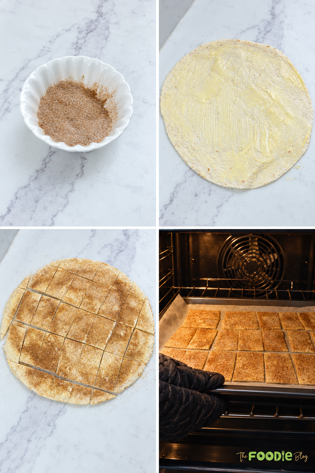 Step-by-step photos showing cinnamon sugar mixture, buttered tortillas, sliced tortilla pieces, and chips baking in the oven.