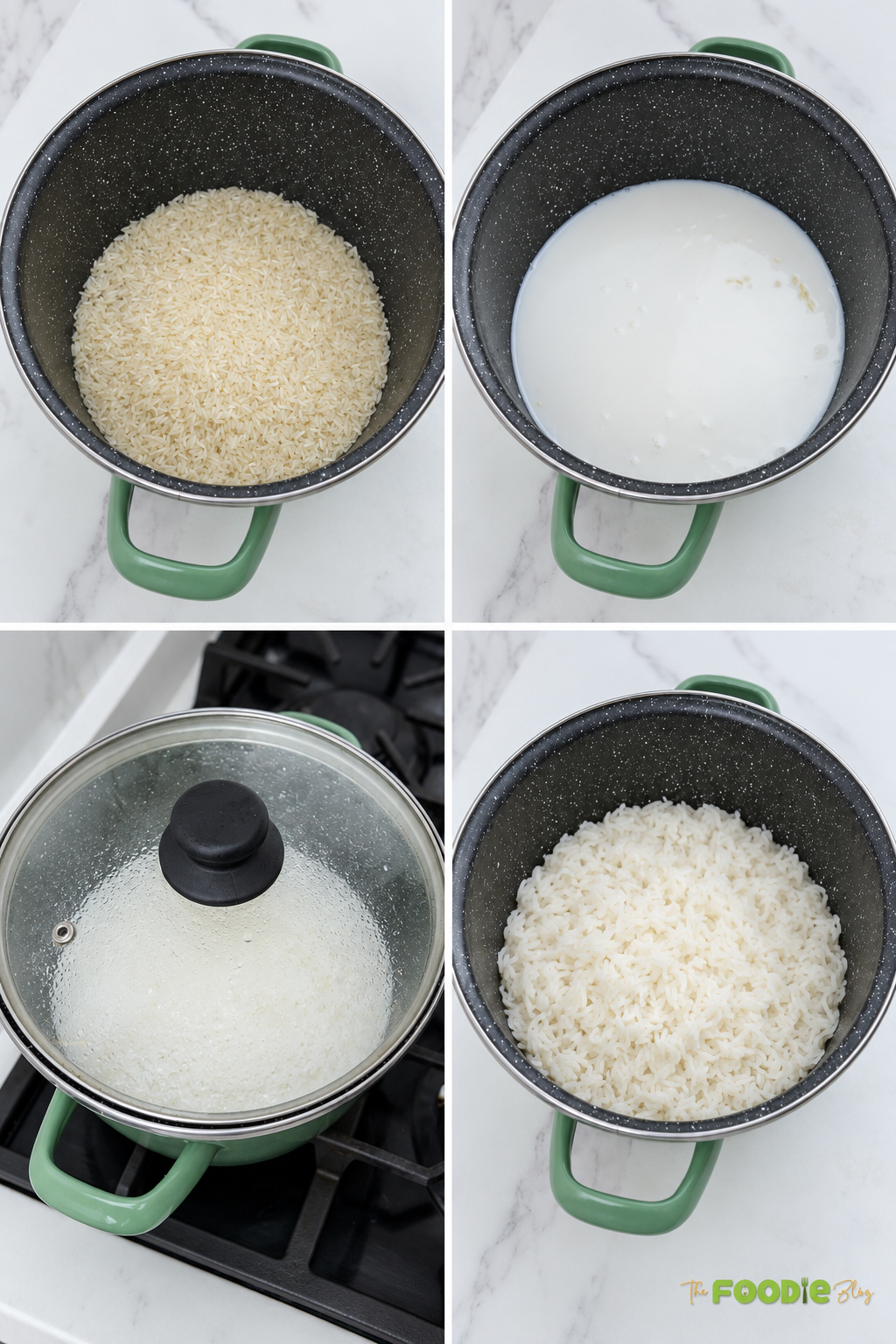 Step-by-step photos showing rice cooked with coconut milk and water until fluffy and tender.