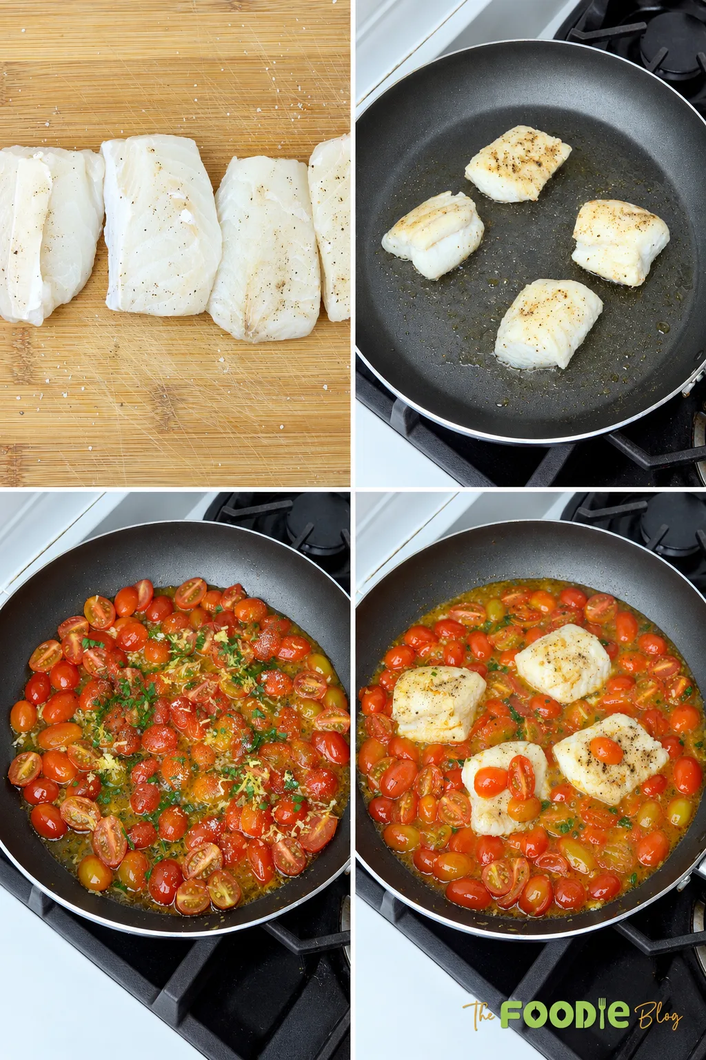 Step-by-step photos showing cod fillets seared in a pan and cooked with cherry tomato basil sauce.