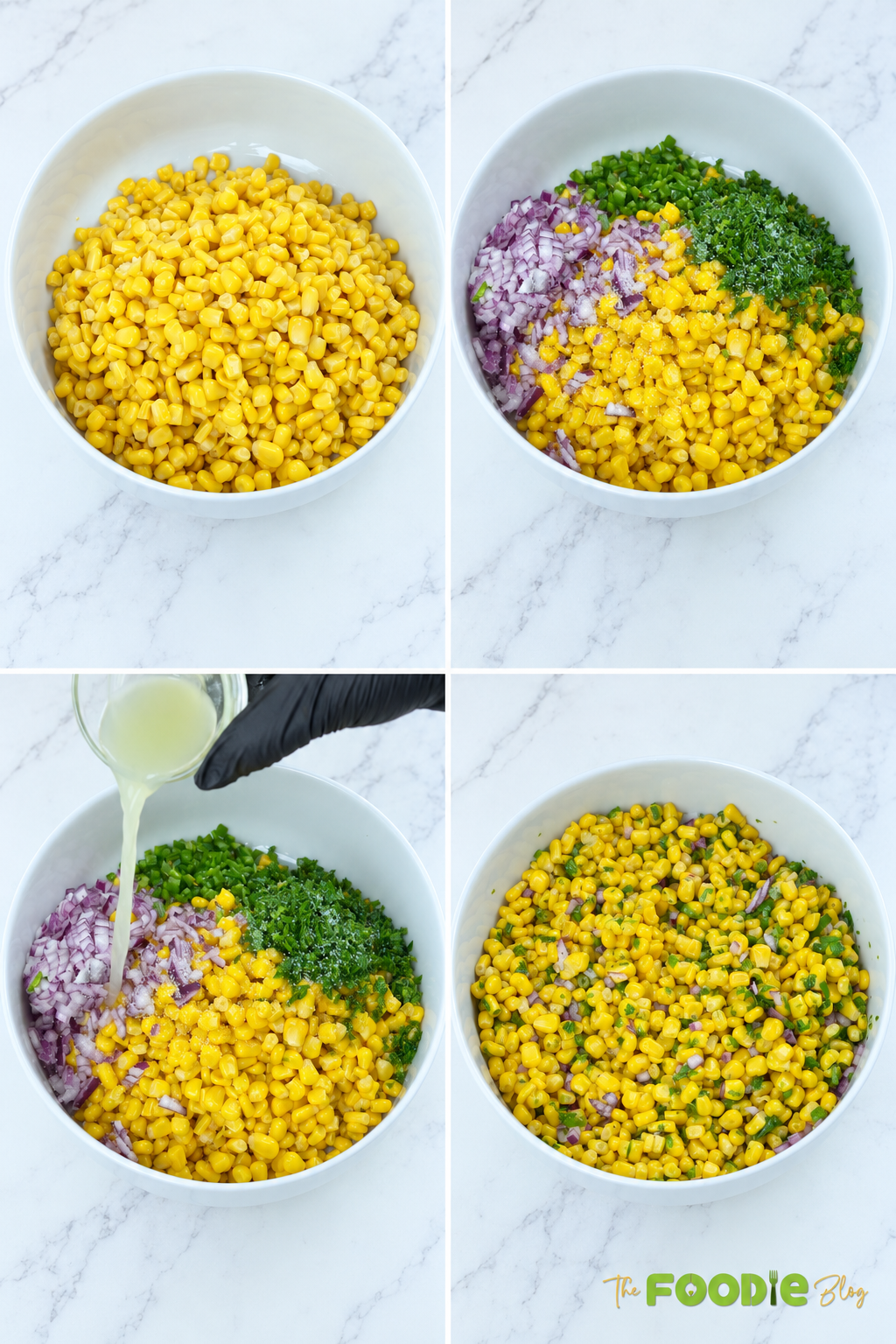 Step-by-step photos showing corn salsa ingredients combined with red onion, jalapeño, cilantro, lime juice, and salt.