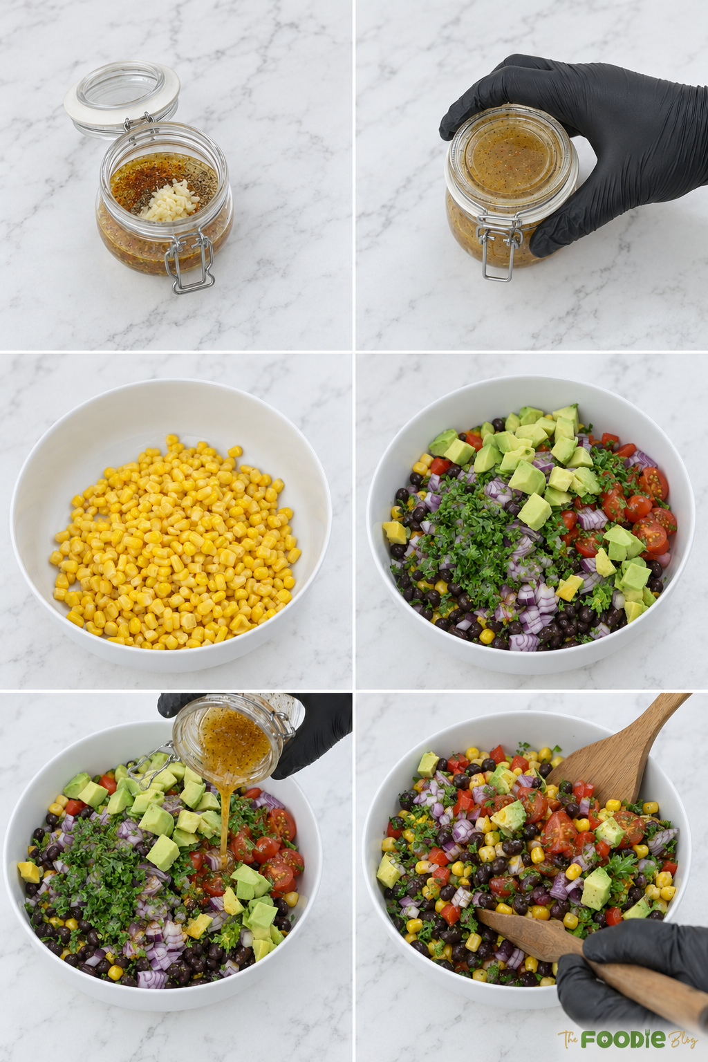 Step-by-step preparation of cowboy caviar with lime dressing and fresh vegetables.