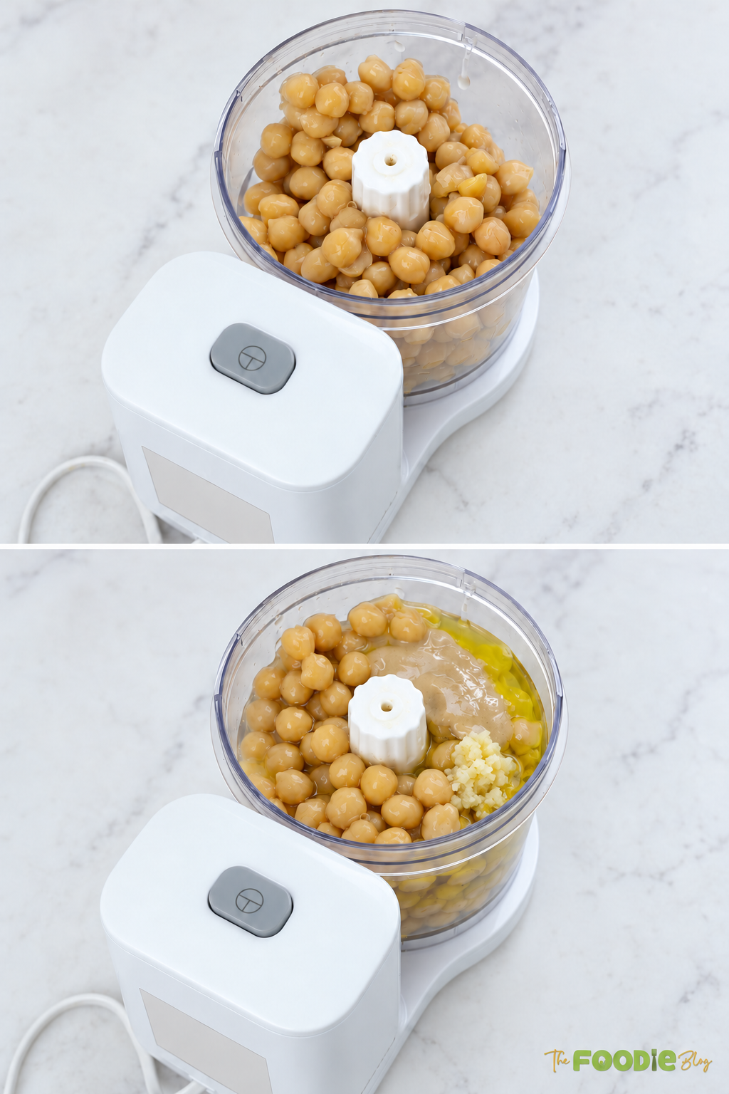 Step-by-step photos showing chickpeas, tahini, garlic, and olive oil added to a food processor