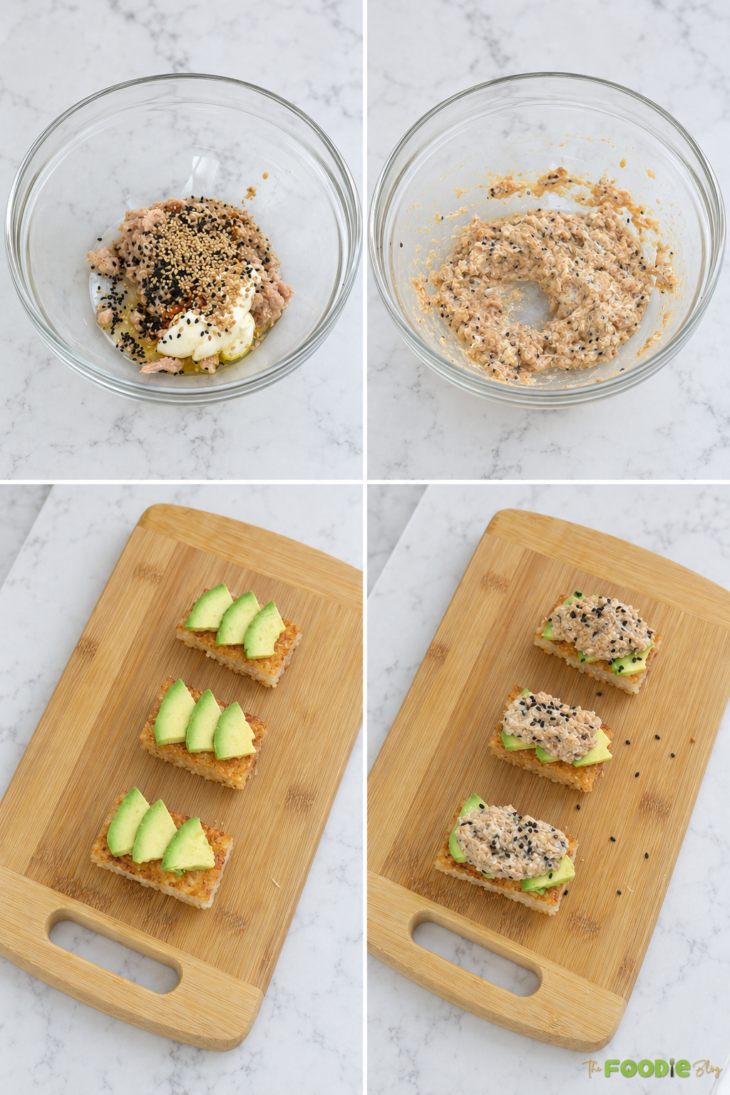 Step-by-step process for making crispy rice with spicy tuna and avocado.
