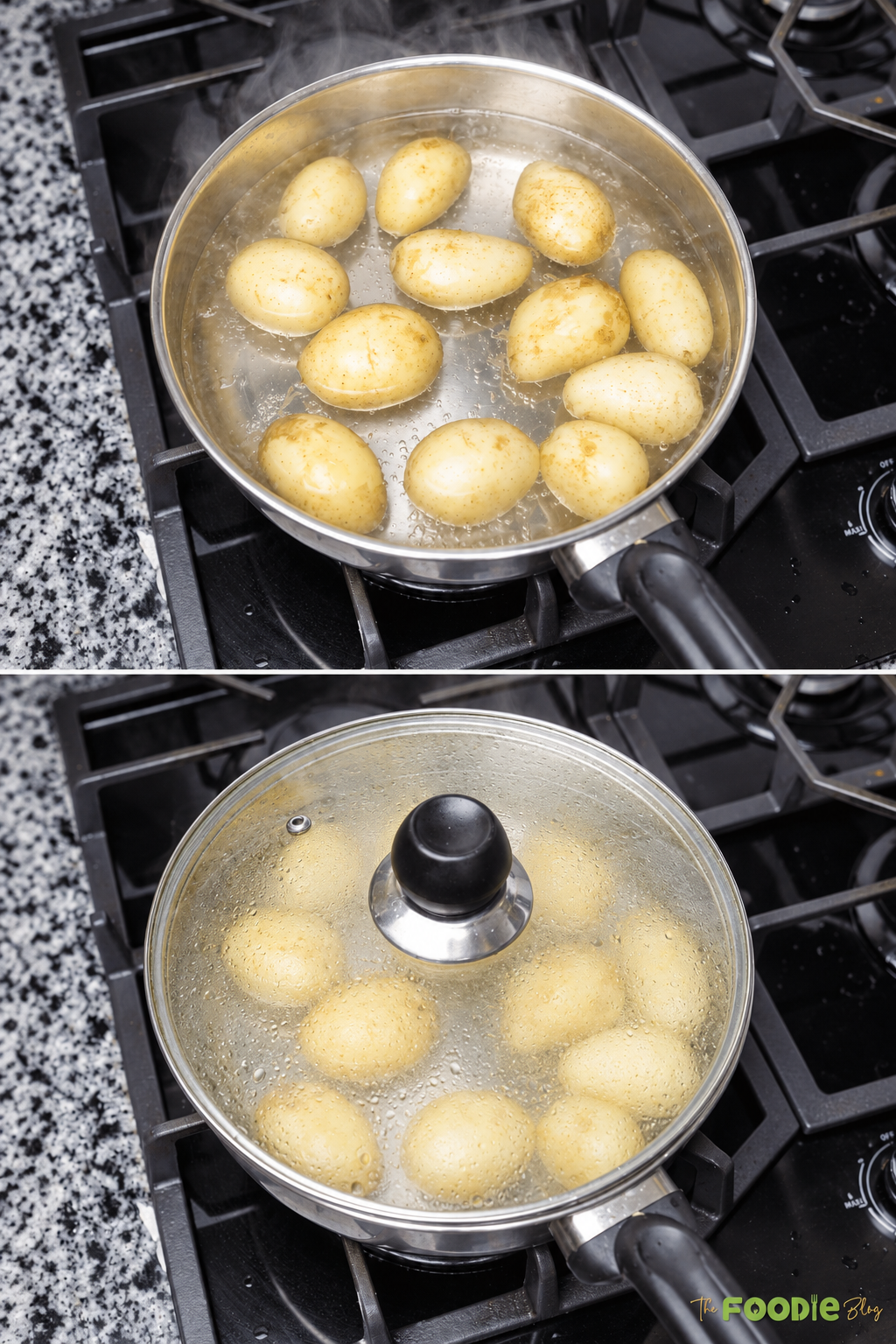 Small potatoes boiling in a pot of water before making crispy smashed potatoes.