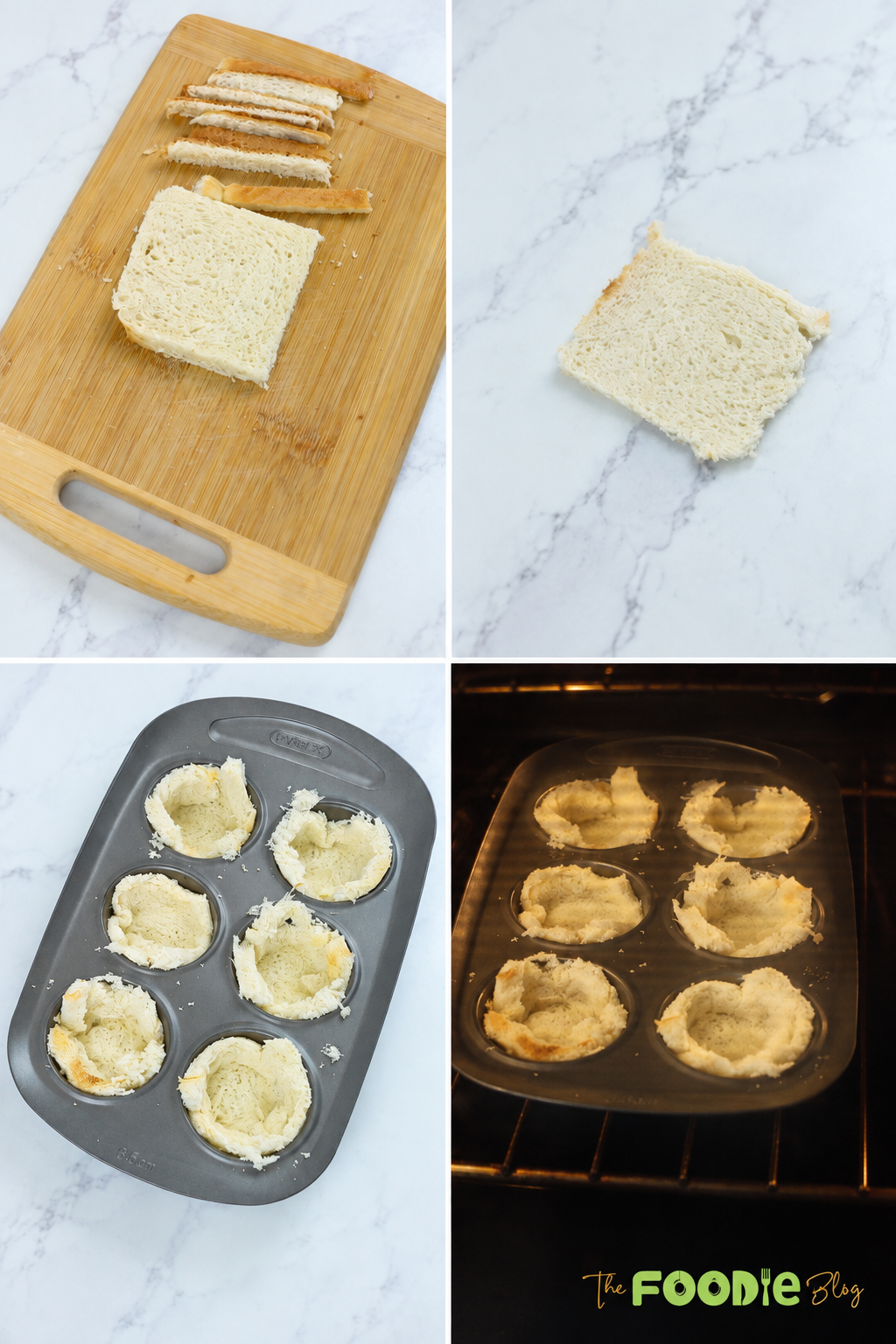 Step-by-step photos showing white bread trimmed, shaped into muffin cups, and baked until lightly toasted.