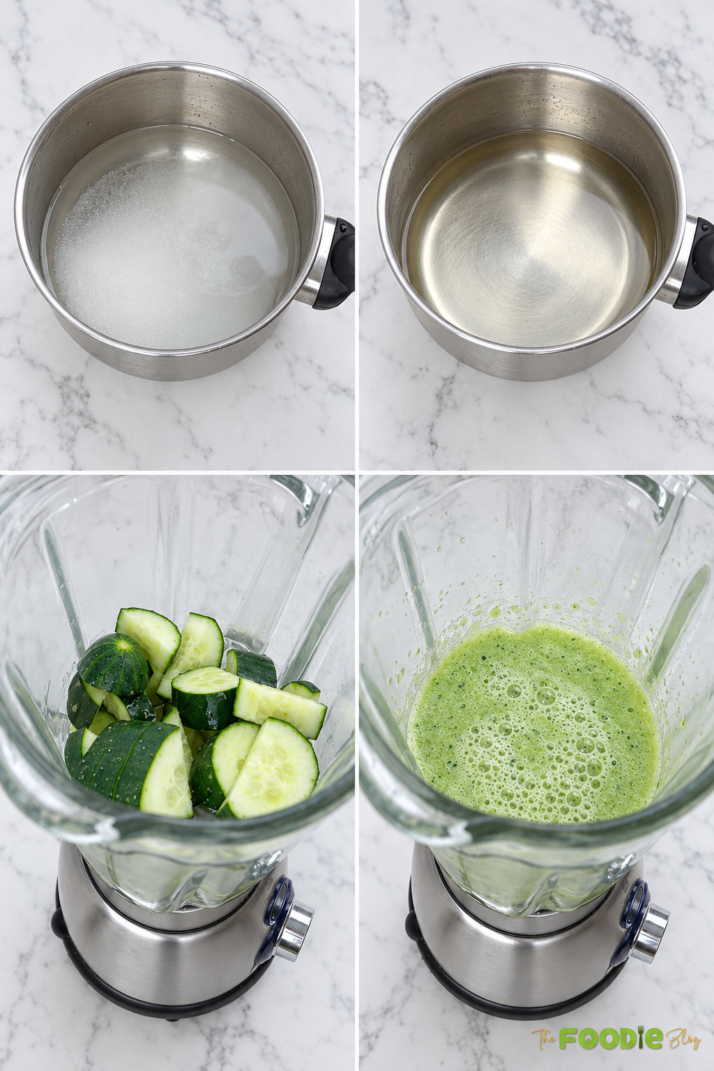 Step-by-step process for making cucumber lemonade by preparing sugar syrup and blending fresh cucumber.