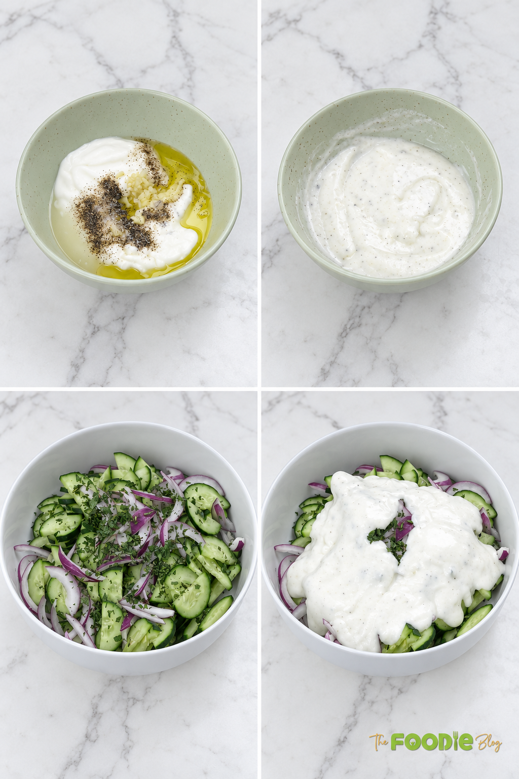 Step-by-step preparation of cucumber salad with Greek yogurt dressing.