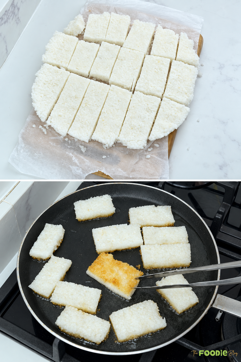 Chilled sushi rice cut into rectangles and pan-fried until golden brown and crispy.