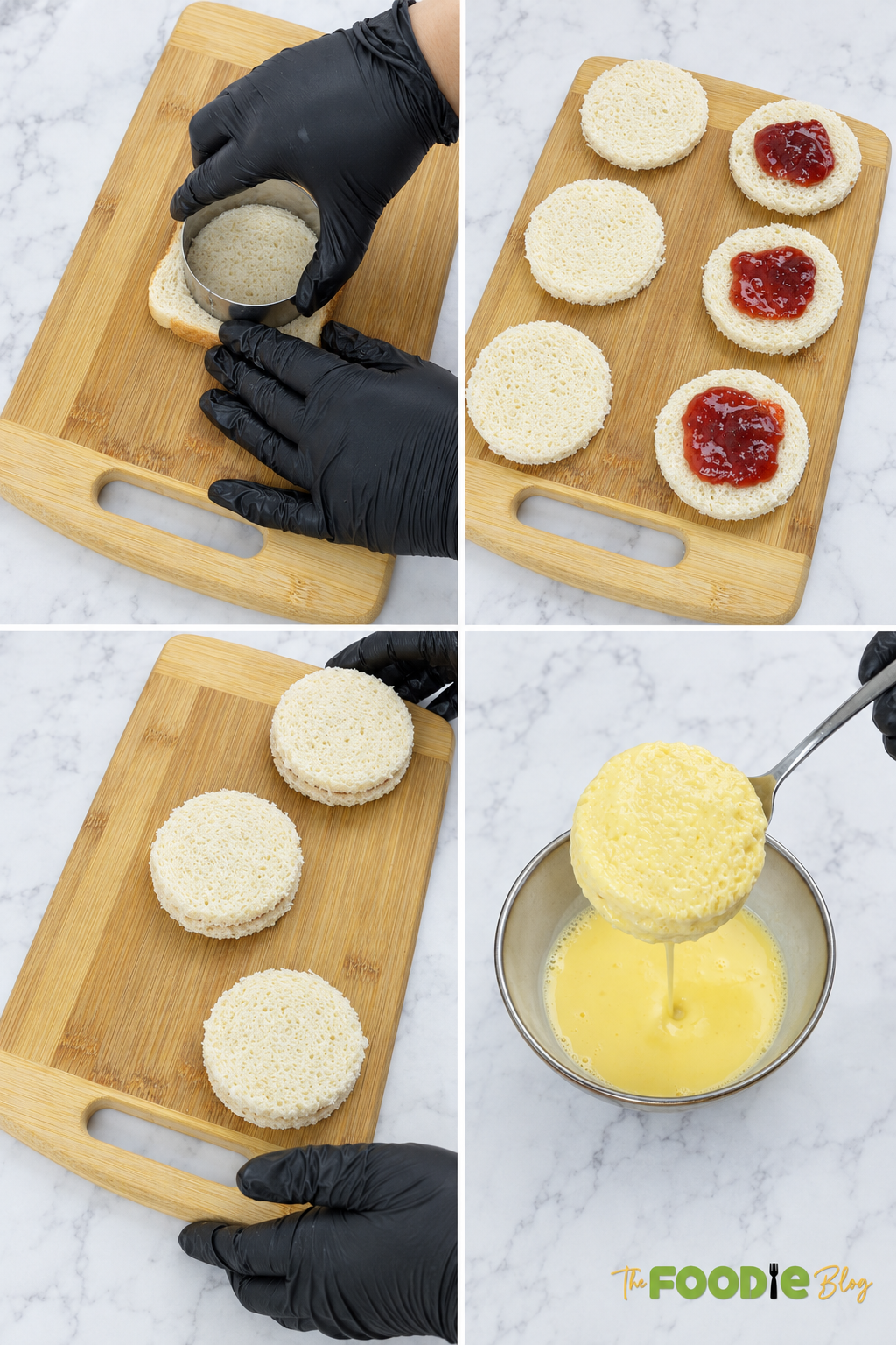 Step-by-step photos showing bread cut into rounds, filled with strawberry jam, assembled, and dipped in egg mixture.