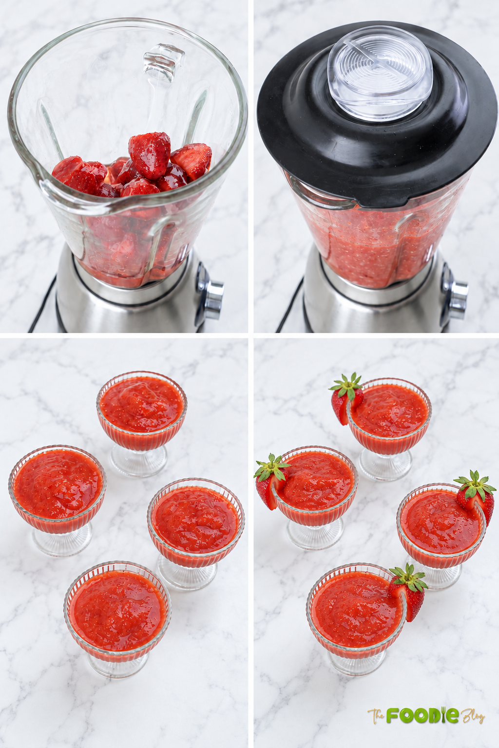 Frozen and fresh strawberries blended with lime juice, simple syrup, and rum before pouring into serving glasses.