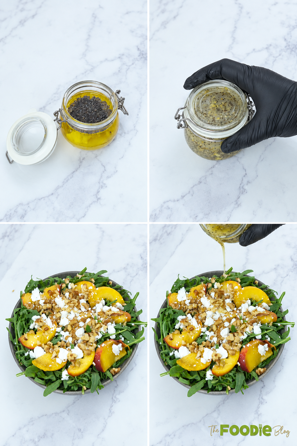 Step-by-step collage showing poppy seed dressing being mixed and poured over peach arugula salad.