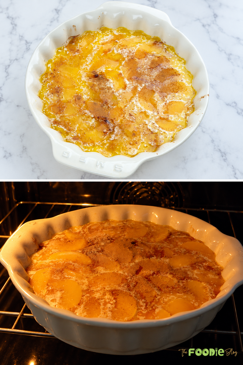 Canned peaches and cobbler batter prepared in a baking dish before baking in the oven.