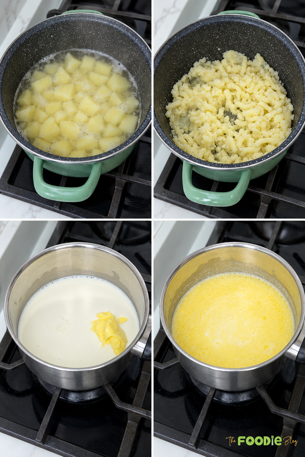 Step-by-step process of boiling and mashing potatoes and warming heavy cream with butter.