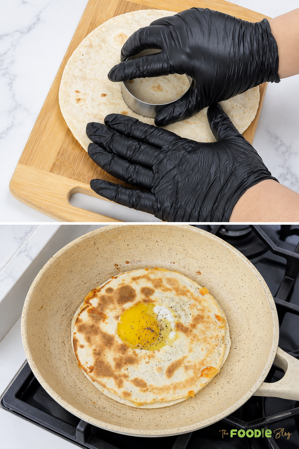 Step-by-step photos showing a hole cut in a tortilla quesadilla and an egg cooked in the center.
