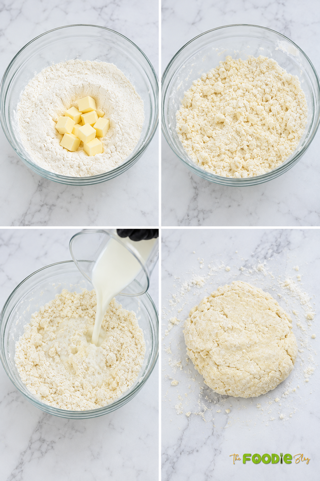 Step-by-step photos showing butter mixed into flour, milk added, and English scone dough formed.