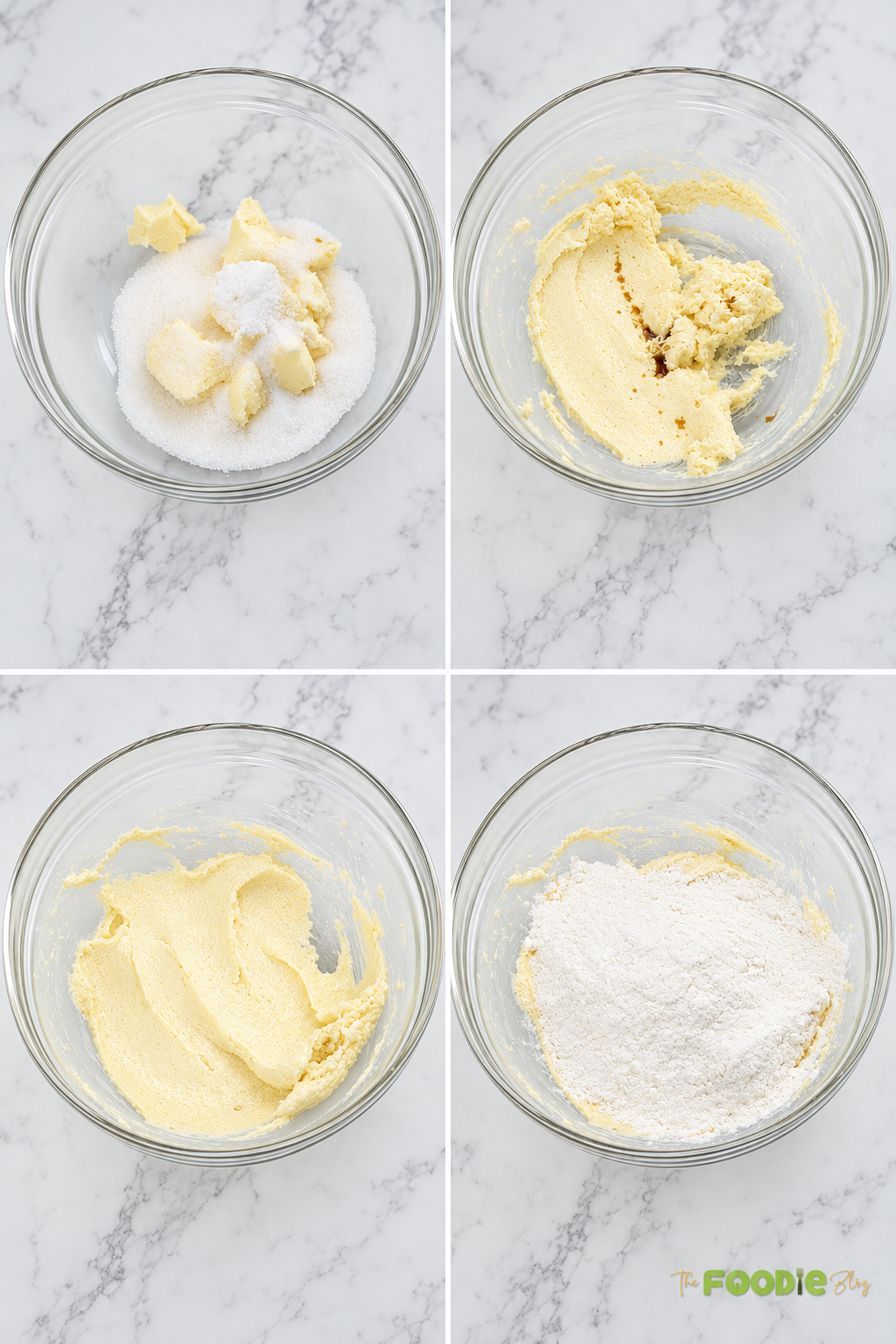 Step-by-step preparation of French sablé cookie dough by creaming butter and sugar and adding flour.