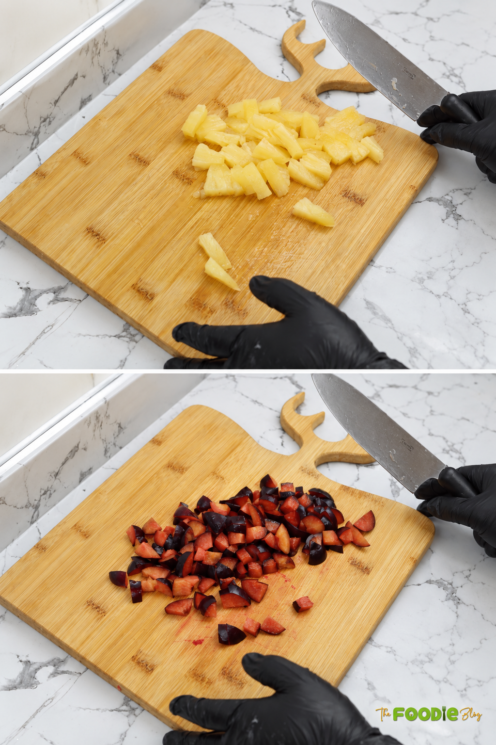 Step-by-step preparation showing pineapple and black plums being chopped for fresh fruit salad.