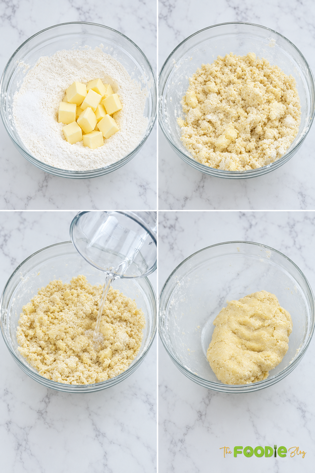 Step-by-step homemade pie crust preparation with flour, cold butter, ice water, and formed pie dough.